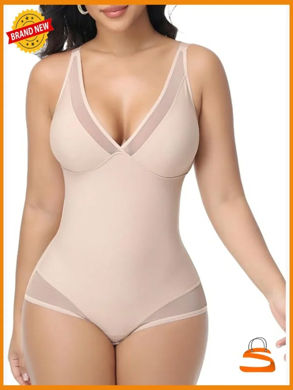Deep V Neck Bodysuit Tummy Control Shapewear Mesh Sheer Outing Outfits Sleek